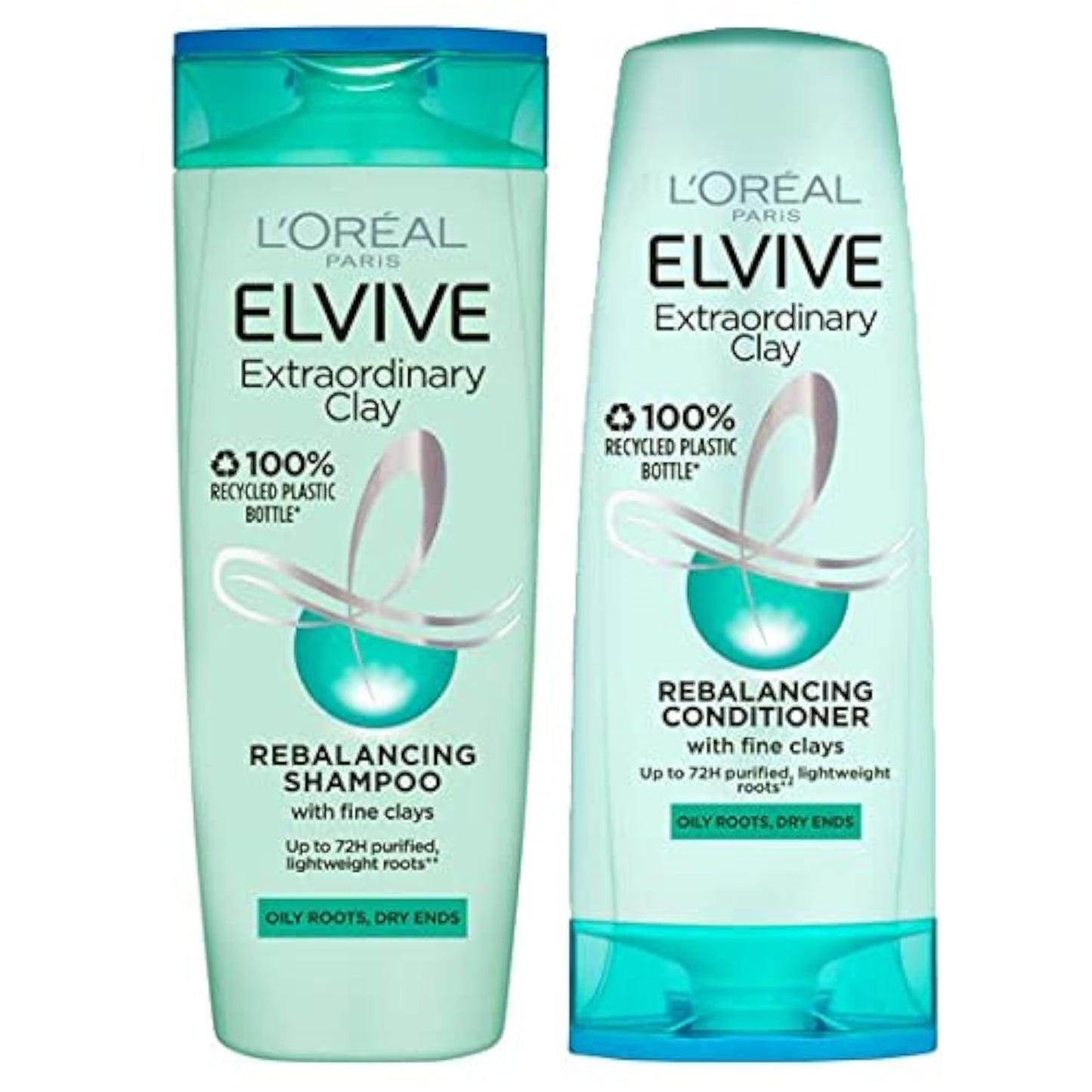L'Oreal Elvive Extraordinary Clay Rebalancing Shampoo (500ml) & Conditioner (400ml) Set for Dry Roots & Dry Ends